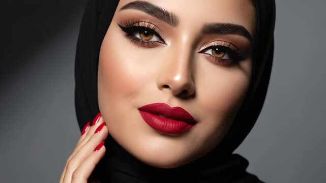 A Middle Eastern woman with elegant makeup showcasing red painted nails and bold red lipstick