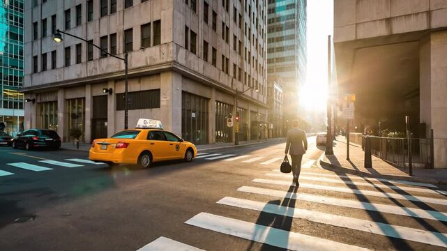 A solitary figure crosses a sun-drenched city street, their silhouette casting a long shadow across the zebra crossing, with a classic yellow taxi driving past