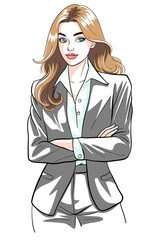 Confident Businesswoman in Grey Suit Standing Illustration.Successful woman with long hair wearing a professional grey suit and white shirt, standing with arms crossed. Corporate leadership.