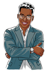 Confident Professional Businessman with Glasses Illustration.Stylish man with dark skin in a professional suit and glasses standing with arms crossed. Business leadership, smart casual corporate.