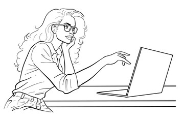 Focused Woman Working on Laptop Line Art