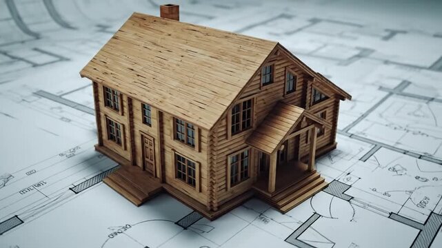 3D render of a wooden house blueprint architectural drawing house construction concept