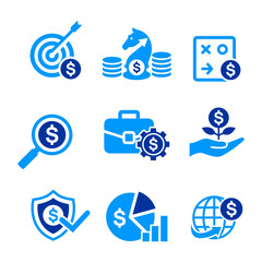 Minimalist blue finance strategy icon set featuring investment, growth, security, and analytics symbols.