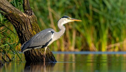 Grey Heron Standing by Waters Edge.