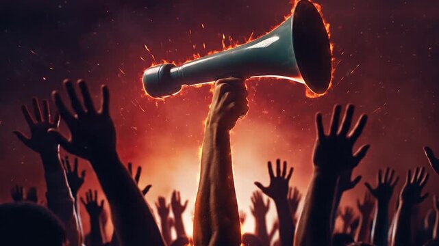 A crowd of people raising their hands with a megaphone, representing a protest or demonstration with a fiery glow