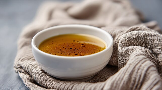 Classic vinaigrette served in small bowl, elegant simplicity, neutral tones