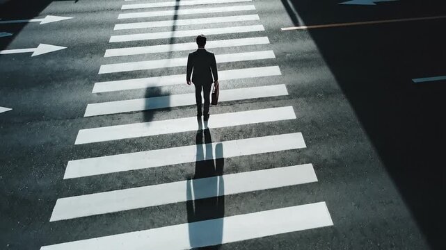 A lone businessman walks across a crosswalk, casting a long shadow in the afternoon sun