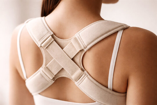 woman wearing a beige orthopedic posture corrector brace on her back supporting spine health and helping to maintain improved body alignment and good posture