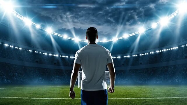 A lone athlete stands on a brightly lit football field, ready to compete in a grand stadium