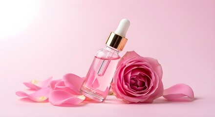 Rose Essential Oil Bottle with Fresh Rose Petals, Luxury Beauty Concept