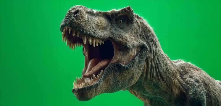 Roaring Tyrannosaurus Rex Head on Green Screen