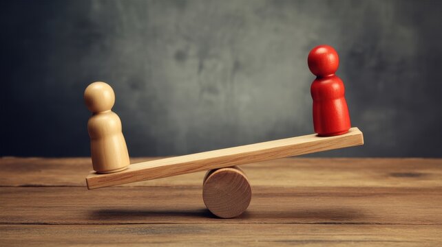 Two wooden figures balancing on a seesaw scale against a dark background