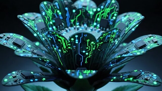 Technological Bloom Cycle Emphasize the intricate mechanics and beautiful transformation from circuits to floral form.