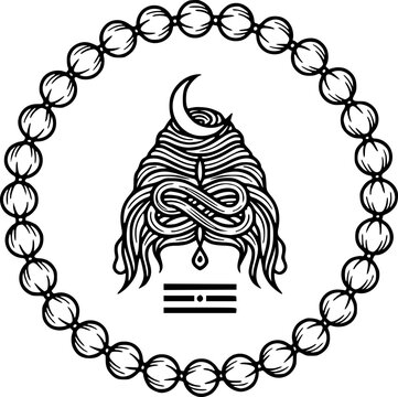 Sacred Shiva Jata hair with crescent moon, Tripundra, and Rudraksha mala frame. Detailed line art vector for Yoga branding, spiritual logos, Hindu meditation decor, and Mahashivratri festival art