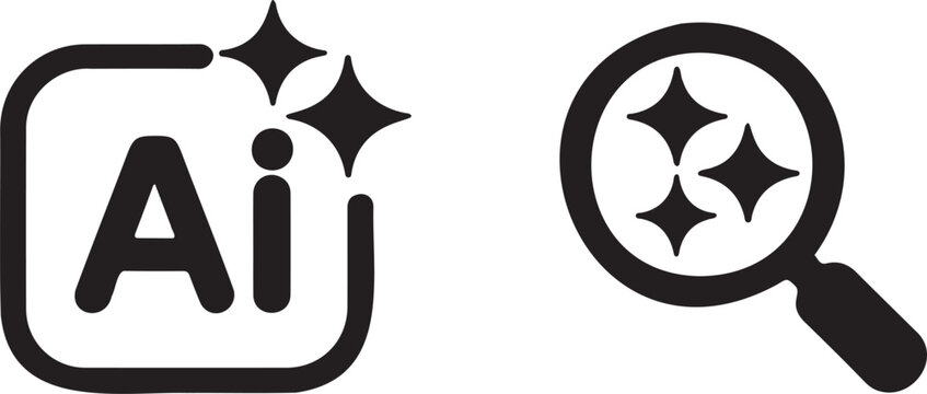 AI magnifying glass and artificial intelligence search icons for smart data analysis and technology tools