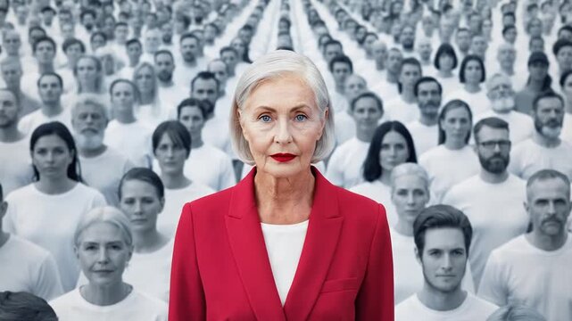A determined elderly woman in a red blazer stands out from a crowd of identically dressed people