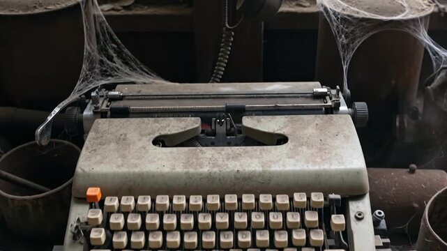 Vintage Typewriter Covered in Cobwebs, Evoking a Sense of Nostalgia and Forgotten Times