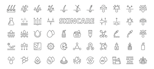 Skincare icons in line design. skincare, beauty, cosmetic, cream, serum, facial, routine on white background vector. Skincare editable stroke icons