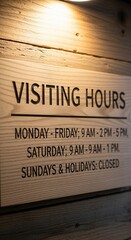 Wooden Sign Displaying Visiting Hours In A Rustic Environment For Business Advertising Needs