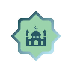 Modern Ramadan or Eid Islamic symbol with mosque crescent moon design on a green star-shaped background