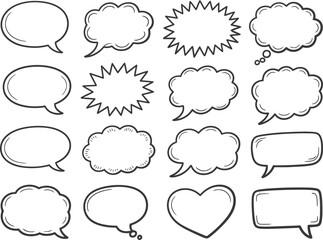 Assortment of hand-drawn speech bubbles and comic text balloons are isolated on a white background for design.