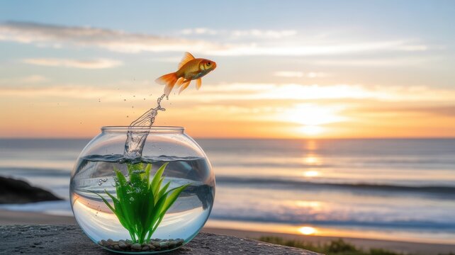 Goldfish jumping out of a glass bowl on the beach at sunset, symbolic of freedom and breaking boundaries