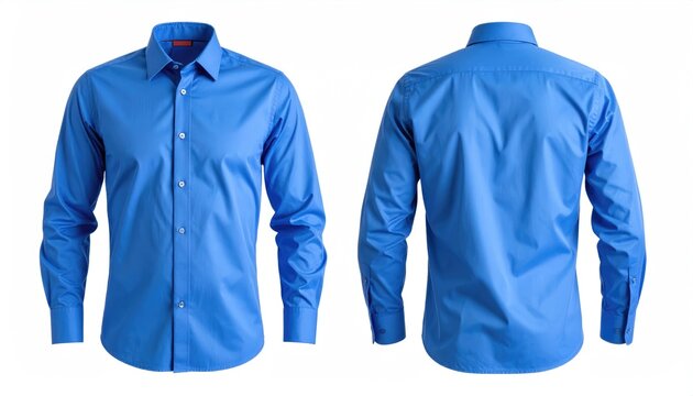 A blue shirt displayed from front and back perspective. The shirt has a button-down collar and long sleeves. It is a symbol of professional attire