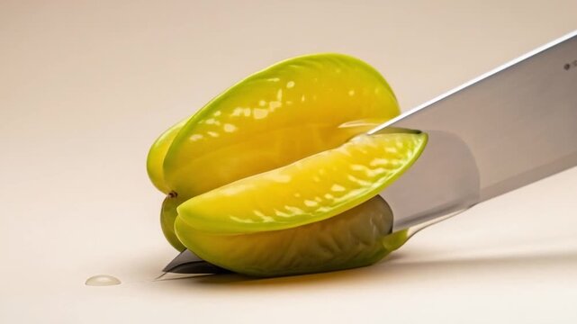 A polished silver knife slicing through a bright yellow-green starfruit revealing its juicy, translucent flesh with a subtle sheen against a soft beige background