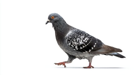 The pigeon walking on a seamless white background showing detailed feathers and orange eye