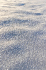 Fototapeta premium large deep fresh snowdrifts of white color in the field during the winter season, large soft snowdrifts after large snowfalls in sunny weather, snow structure in sunlight, close up