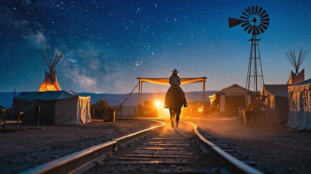 A Lone Cowboy Rides a Horse Down Train Tracks Under a Starry Night Sky Towards a Settled Camp with Teepees and a Windmill