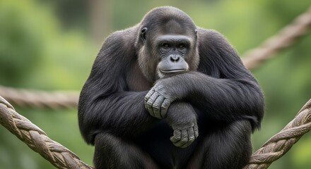 Obraz premium Pensive Gorilla Sitting on Ropes in Jungle