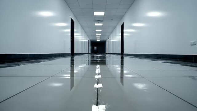 Dimly lit, reflective hallway with fluorescent ceiling lights and dark doorways