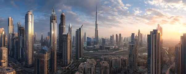 Fototapeta premium Morning panorama of a capital city featuring modern high-rise buildings