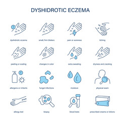Dyshidrotic Eczema symptoms, diagnostic and treatment vector icon set. Line editable medical icons