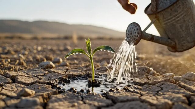 Hand nurturing a small plant in a dry barren landscape with water from a watering can providing life and hope