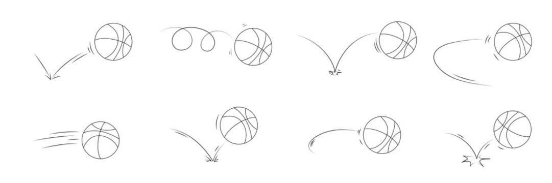 Hand drawn basketball bounce and jump lines set. Playful ball movement with curved trajectory and rebound effects. Doodle vector illustration for sport design and comic graphic backgrounds.