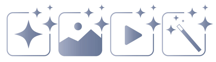 Set of AI image and video generate icons with sparkle star, photo, play button and magic wand. AI creative tools for digital media, content generation and modern application interface. © Svitlana Tolmach 