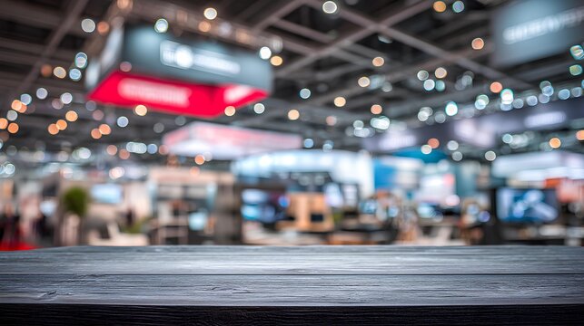 Blurred Exposition: Capturing the energy of a bustling exposition hall, the image features a foreground of a textured wooden surface, inviting viewers into a world of innovation, engagement.