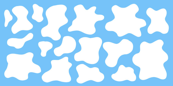 Blue frame style puddle shapes with white water splashes inside. Flat liquid vector background element set for graphic design frames stains and playful layouts