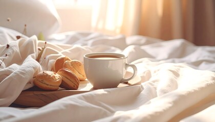 Cozy Breakfast in Bed with Coffee and Cookies.