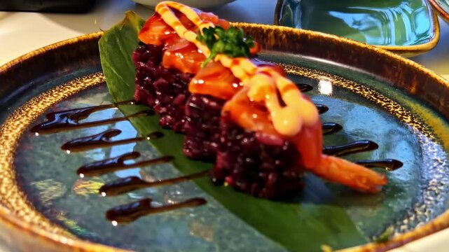 Close up of salmon tartare and aburi roll plated with black rice and sauce in a modern Japanese restaurant. The scene highlights variety, craftsmanship and refined dining atmosphere.