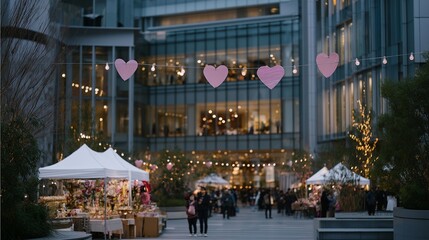 Naklejka premium Dazzling city plaza bustling with Valentine's Day activities, featuring heart-themed craft stalls, cheerful street performers, and couples embracing amid lively celebrations. Warm, festive lighting