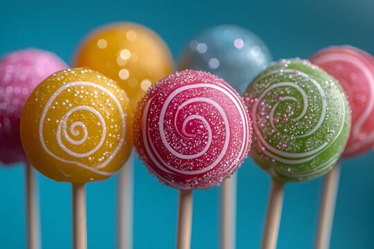 Lollipop Swirl: A close-up shot of a delightful assortment of vibrantly colored lollipops, each one a miniature work of art with its swirling patterns and delicate sugar details.