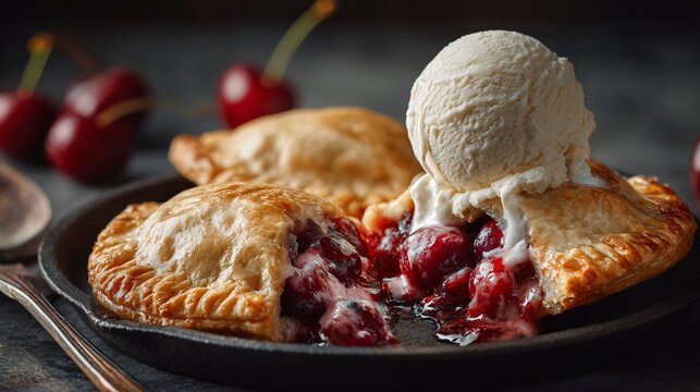 Cherry hand pies paired with vanilla ice cream scoop, indulgent dessert scene