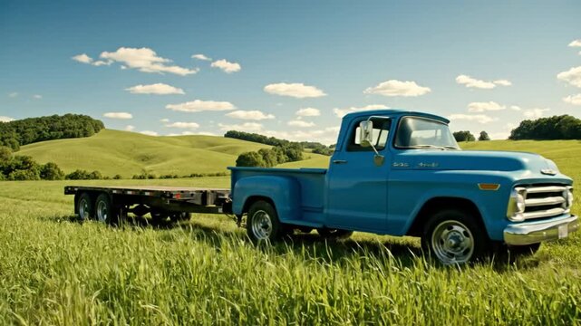 Classic blue pickup truck with empty flatbed trailer parked on a grassy field on a sunny day