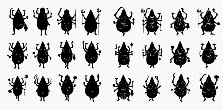 Set of abstract black silhouettes of mythical creatures or deities with multiple arms, in various poses, on a transparent background.