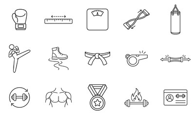 Fitness Equipment and Training Line Icon Set Boxing, Strength Workout, Body Measurement and Gym Symbols