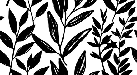 Seamless black and white botanical pattern featuring hand-drawn leaves and branches, creating a modern and elegant graphic design. © Avoxel