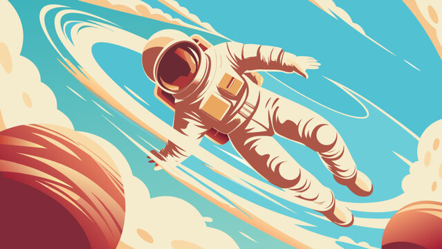 Astronaut floating in zero gravity surrounded by planets and clouds in a vibrant blue space environment with swirling orbits